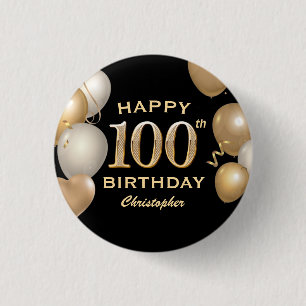 Badge Rond 2,50 Cm 100e fête d'anniversaire Ballons Noir et Or