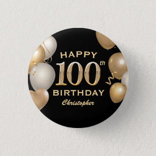 Badge Rond 2,50 Cm 100e fête d'anniversaire Ballons Noir et Or