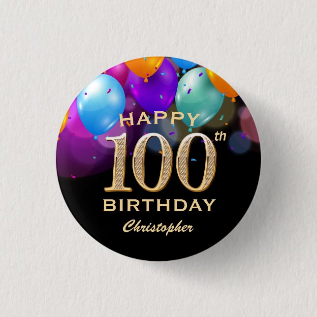 Badge Rond 2,50 Cm 100e fête d'anniversaire Ballons Noir et Or (Devant)