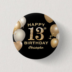 Badge Rond 2,50 Cm 13e anniversaire de la fête Ballons Noir et Or