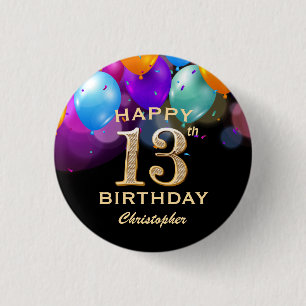 Badge Rond 2,50 Cm 13e anniversaire de la fête Ballons Noir et Or