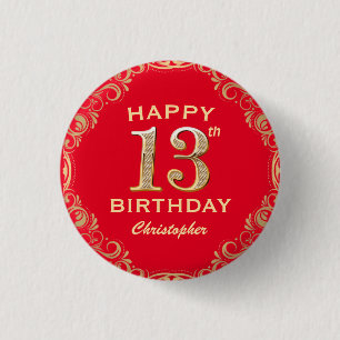 Badge Rond 2,50 Cm 13e anniversaire Parties scintillant rouge et or c