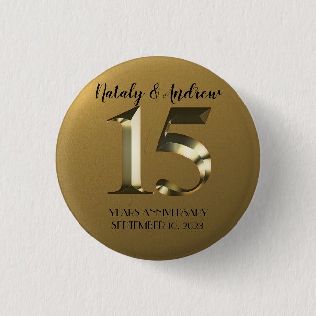 Badge Rond 2,50 Cm 15e anniversaire Mariage d'or métallique (Devant)