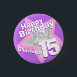 Badge Rond 2,50 Cm 15ème Insigne rose pourpre de bouton d'amusement<br><div class="desc">Célébrez un 15ème anniversaire spécial avec ces insigne pourpre/bouton roses d'amusement et blancs de photo de l'étoile dix. Personnalisez cet insigne d'âge avec une photographie de la fille d'anniversaire. Grande idée pour ajouter de l'amusement à une 15ème fête d'anniversaire. Peuvent être employés pour montrer des photos de bébé ou d'autres...</div>