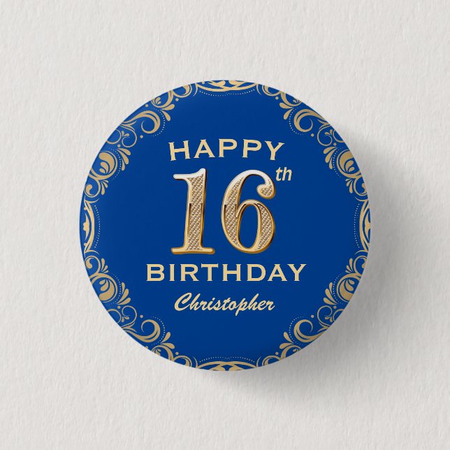 Badge Rond 2,50 Cm 16e anniversaire Parties scintillant marine bleu e (Devant)