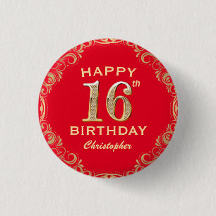 Badge Rond 2,50 Cm 16e anniversaire Parties scintillant rouge et or c