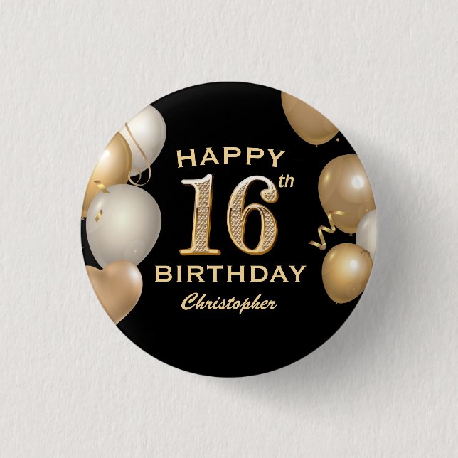 Badge Rond 2,50 Cm 16e fête d'anniversaire Ballons noirs et or (Devant)