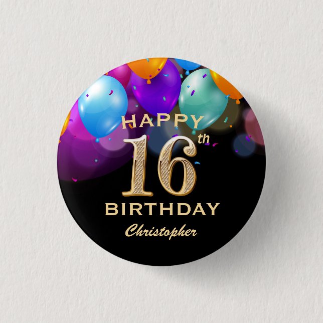 Badge Rond 2,50 Cm 16e fête d'anniversaire Ballons noirs et or (Devant)