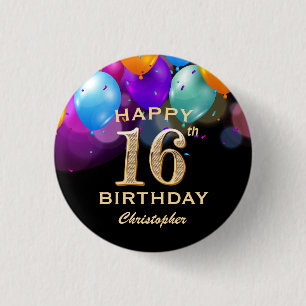 Badge Rond 2,50 Cm 16e fête d'anniversaire Ballons noirs et or