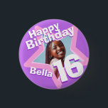 Badge Rond 2,50 Cm 16th Birthday photo fun purple pink button/badge<br><div class="desc">Celebrate a special 16th Birthday with this fun purple pink and white star sixteen photo badge/button. Personalize this age badge with a photograph of the birthday girl. Great idea for adding some fun to a 16th birthday party. Can be used to show baby photos or other fun or embarrassing photos...</div>