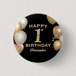 Badge Rond 2,50 Cm 1ère fête d'anniversaire Ballons noirs et or