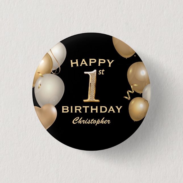 Badge Rond 2,50 Cm 1ère fête d'anniversaire Ballons noirs et or (Devant)