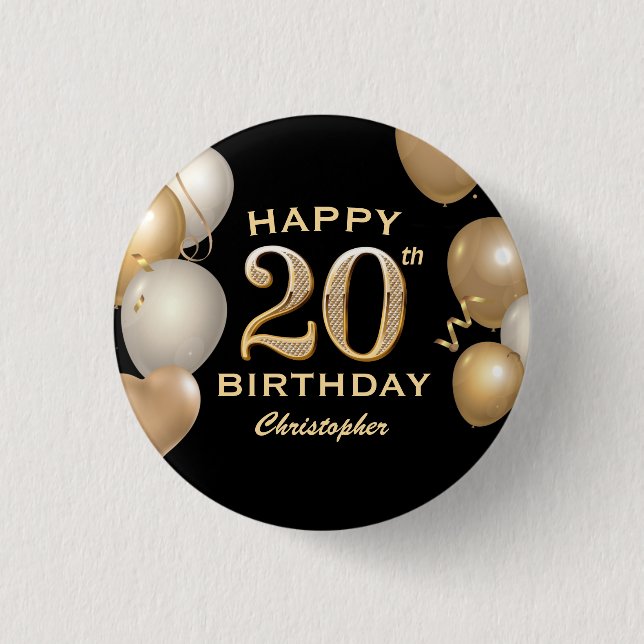 Badge Rond 2,50 Cm 20e fête d'anniversaire Ballons Noir et Or (Devant)