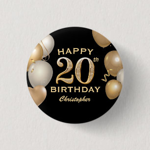 Badge Rond 2,50 Cm 20e fête d'anniversaire Ballons Noir et Or