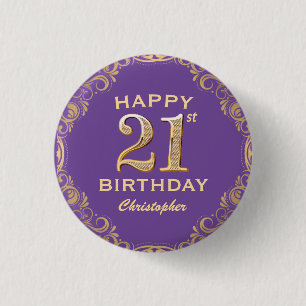 Badge Rond 2,50 Cm 21e anniversaire fête violet et Parties scintillan