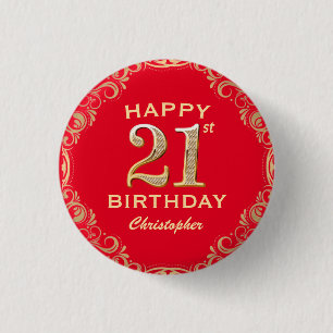 Badge Rond 2,50 Cm 21e Anniversaire Parties scintillant rouge et or
