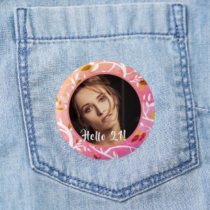 Badge Rond 2,50 Cm 21e anniversaire photo personnalisée motif botaniq