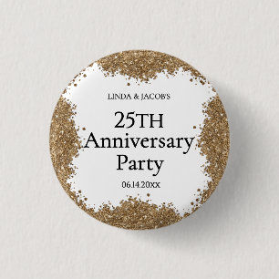 Badge Rond 2,50 Cm 25e Anniversaire de Mariage Or Faux Paillettes