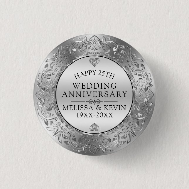 Badge Rond 2,50 Cm 25e anniversaire du mariage Cadre floral argenté (Devant)