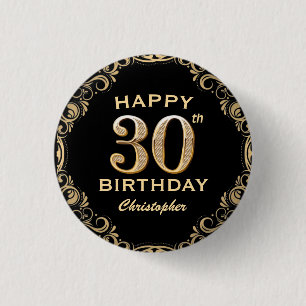 Badge Rond 2,50 Cm 30e anniversaire Parties scintillant noir et or ca