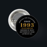 Badge Rond 2,50 Cm 30th Birthday Born 1993 Ajouter Nom Black Gold<br><div class="desc">Personnalisé Anniversaire ajoutez votre nom et votre badge d'année. Modifiez le nom et l'année avec le modèle fourni. Un merveilleux accessoire de fête d'anniversaire personnalisé. Plus de cadeaux et de fournitures de fête disponibles avec le design "normes de fixation" dans le magasin.</div>