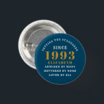 Badge Rond 2,50 Cm 30th Birthday Born 1993 Ajouter Nom Blue Gold<br><div class="desc">Personnalisé Anniversaire ajoutez votre nom et votre badge d'année. Modifiez le nom et l'année avec le modèle fourni. Un merveilleux accessoire de fête d'anniversaire personnalisé. Plus de cadeaux et de fournitures de fête disponibles avec le design "normes de fixation" dans le magasin.</div>