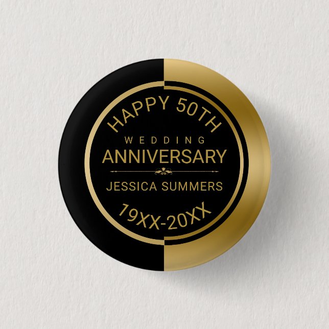 Badge Rond 2,50 Cm 50e anniversaire du Mariage Géométrique Noir & Or (Devant)