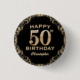 Badge Rond 2,50 Cm 50e anniversaire Parties scintillant noir et or ca