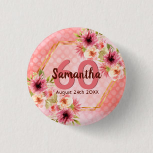 Badge Rond 2,50 Cm 60e anniversaire corail or dahlia fleurs