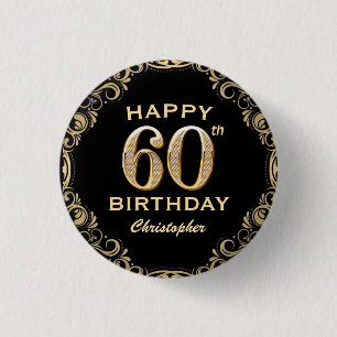 Badge Rond 2,50 Cm 60e anniversaire Parties scintillant noir et or ca