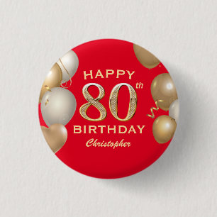 Badge Rond 2,50 Cm 80e Anniversaire des Ballons Rouge et Or