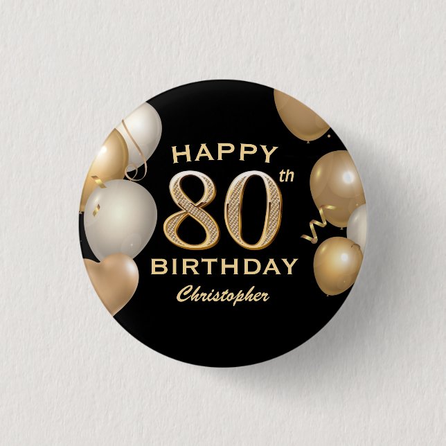 Badge Rond 2,50 Cm 80e fête d'anniversaire Ballons noirs et or (Devant)