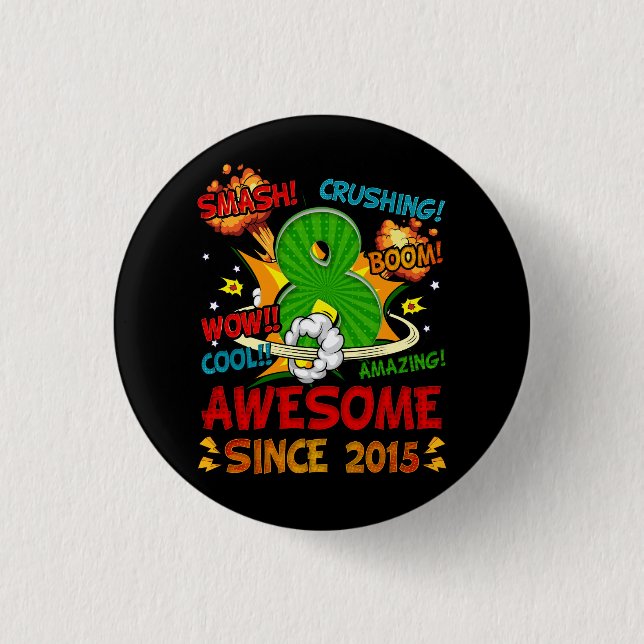 Badge Rond 2,50 Cm 8e anniversaire Comic Style stupéfiant depuis 2015 (Devant)