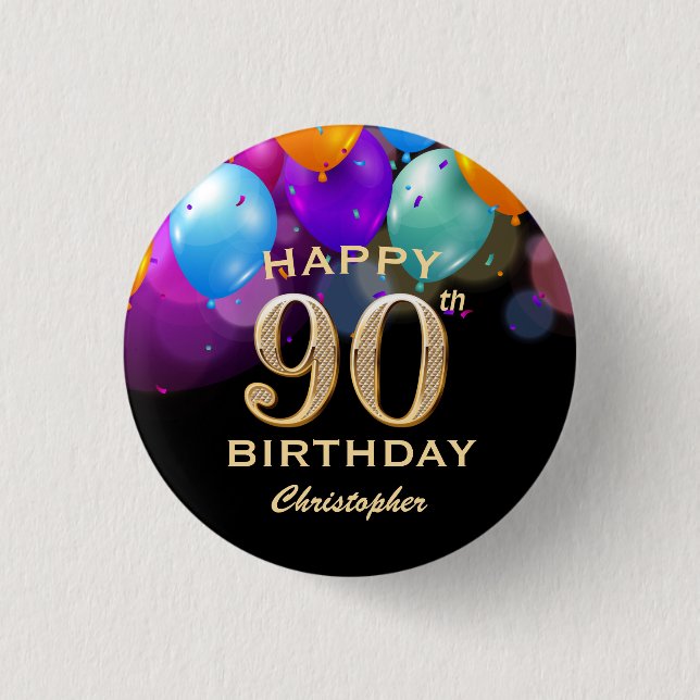 Badge Rond 2,50 Cm 90e fête d'anniversaire Ballons noirs et or (Devant)