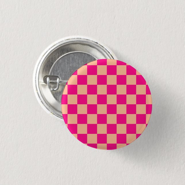 Badge Rond 2,50 Cm à damiers carré pêche rose chaud rétro géométrique (Devant & derrière)