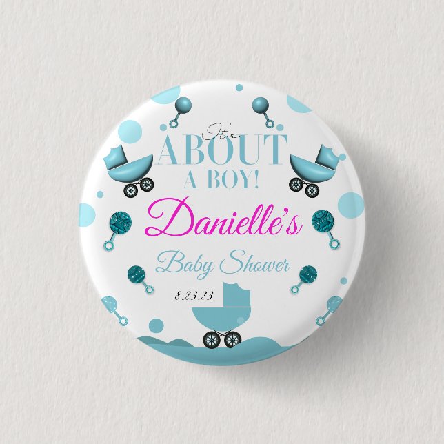 Badge Rond 2,50 Cm À propos d'un garçon Baby shower Invitation Invita (Devant)