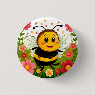 Badge Rond 2,50 Cm Abeille de dessin animé joyeuse entourée de fleurs