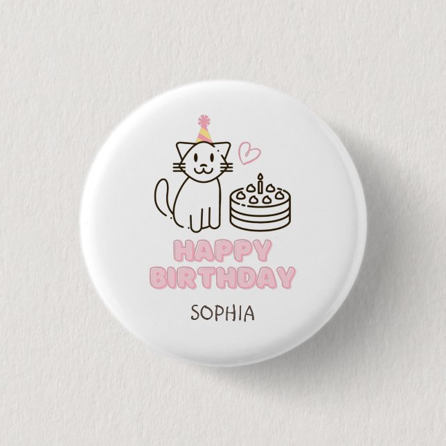 Badge Rond 2,50 Cm Adorable Chat dans un Casquette d'anniversaire (Devant)
