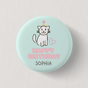 Badge Rond 2,50 Cm Adorable Chat dans un Casquette d'anniversaire