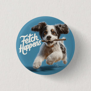 Badge Rond 2,50 Cm Adorable Chiot Mid-Air Courir avec un bâton