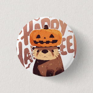 Badge Rond 2,50 Cm Adorable Otter avec Casquette Citrouille - Happy H