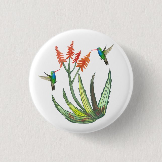 Badge Rond 2,50 Cm Aloe Vera Fleur Succulente Hummingbirds Aquarelle (Devant)