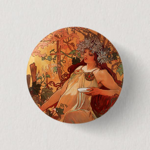 Badge Rond 2,50 Cm Alphonse Mucha, Quatre Saisons, Automne