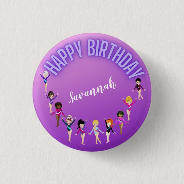 Badge Rond 2,50 Cm Amis de gymnastique "Joyeux Anniversaire" Purple O (Devant)