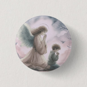 Badge Rond 2,50 Cm Ange gardien et enfant priant ensemble