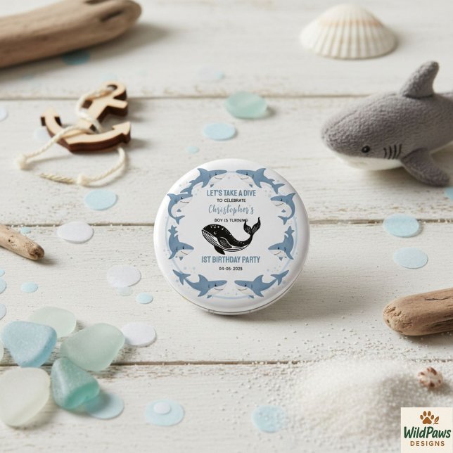 Badge Rond 2,50 Cm Animaux Marins Requin 1er Anniversaire | Sous l'Oc (Sea Animals Shark 1st Birthday | Under the Sea Button
)