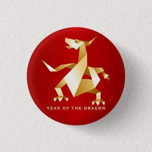 Badge Rond 2,50 Cm Année d'origami d'or du dragon sur le rouge