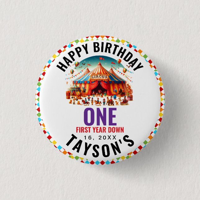 Badge Rond 2,50 Cm Anniversaire 1 an Cirque Carnaval Moderne Mignon (Devant)
