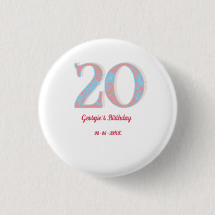 BADGE ROND 2,50 CM ANNIVERSAIRE 20 ANS ABRICOT BLEU GRAS RÉTRO NOM ÉL