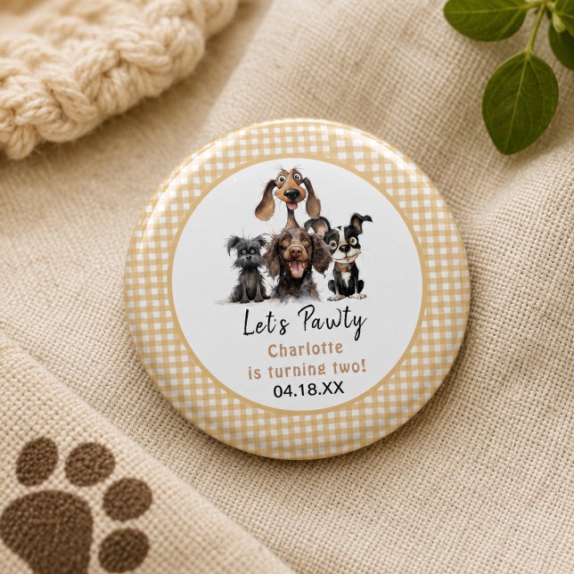 Badge Rond 2,50 Cm Anniversaire Chien Faisons la Fête (Dog Let's Pawty Birthday Button)